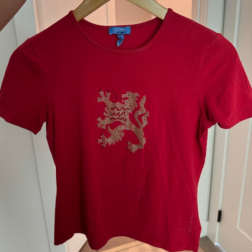 Escada Sport Red T-Shirt with Gold Dragon rhinestone Design